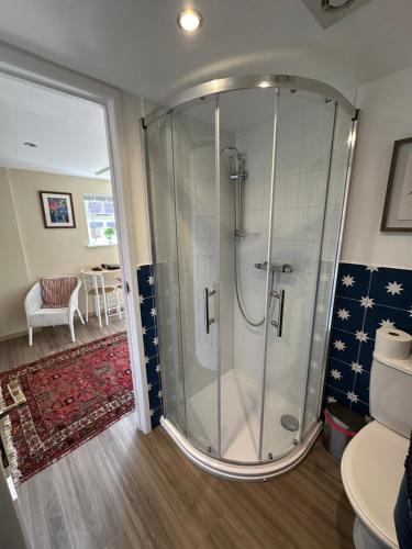 a glass shower in a bathroom with a toilet at Beautiful Cottage by The River Trent in Dunham