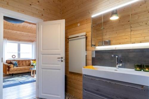 a bathroom with a sink and a living room with a couch at Holzhaus in Diemelsee