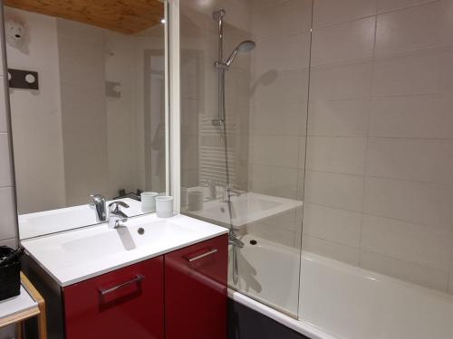 une salle de bain avec un lavabo et une douche dans l'établissement Studio confort 3/4 pers, accès pistes, animaux admis - FR-1-181-2563, à Aime La Plagne