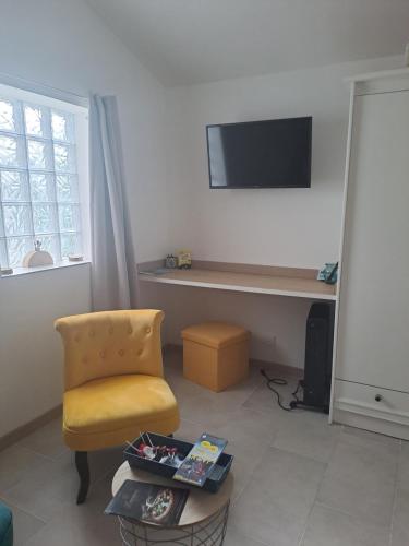 Maison du bonheur calme et verdure في نيس: غرفة معيشة بها كرسي وتلفزيون على الحائط