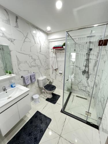 蓋尼特拉的住宿－Luxury Center Town Apartment，带淋浴、卫生间和盥洗盆的浴室