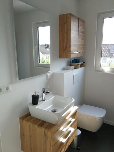 a bathroom with a sink and a toilet and a mirror at Gästezimmer mit eigenem Bad in Reihenmittelhaus in Feucht