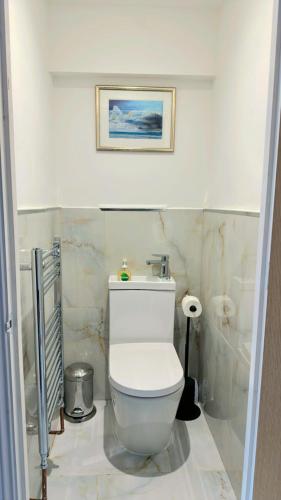 a white toilet in a bathroom with a picture on the wall at 7 Venus Road Room 2 in London