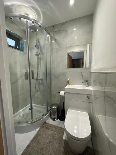 a bathroom with a shower and a toilet and a sink at 7 Venus Road Room 2 in London