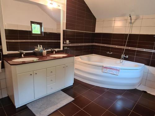 a bathroom with two sinks and a bath tub at Lucky Vila de Vânătoare in Vîlcele