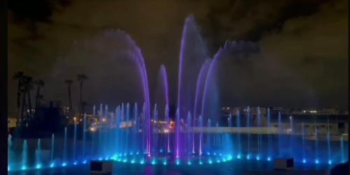 a fountain with blue and purple lights in the dark at Giorgia House Boat in Palermo