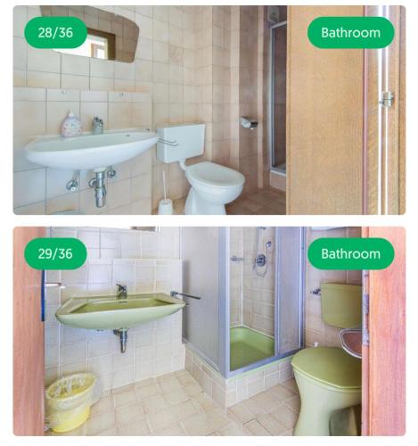Duas fotografias de uma casa de banho com um lavatório e um WC. em Mounty Garni Hotel em Söll
