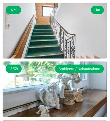 two pictures of a staircase with statues on the floor at Mounty Garni Hotel in Söll