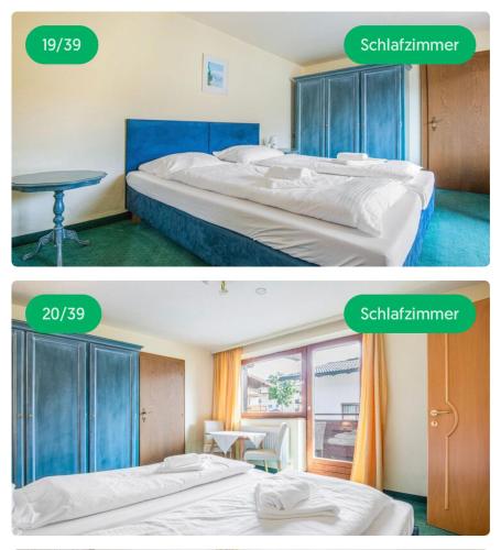 two pictures of a bedroom with a bed and a table at Mounty Garni Hotel in Söll