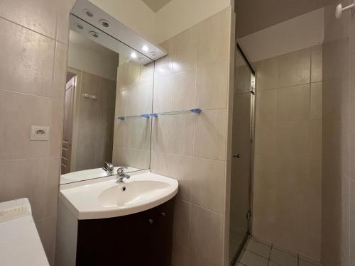 a bathroom with a sink and a shower at Charmant appartement à Pra-Loup avec terrasse, parking, et accès facile aux pistes - FR-1-165A-65 in Uvernet-Fours