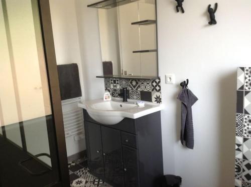 La salle de bains est pourvue d'un lavabo et d'un miroir. dans l'établissement La Maison Bleue, à Saint-Étienne-lès-Remiremont