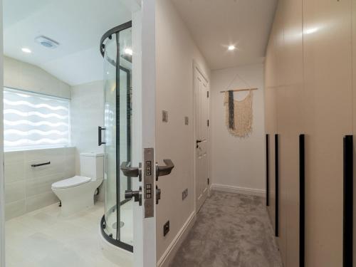 uma casa de banho com uma cabina de duche em vidro e um WC. em Pass the Keys FLAT 3 Modern and Luxurious Duplex 3Br Central Location em Londres