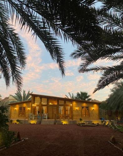 a large house with a palm tree in front of it at كوخ آفيري Aviary Hut in AlUla