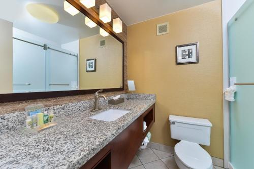 a bathroom with a sink and a toilet and a mirror at Holiday Inn Cody at Buffalo Bill Village, an IHG Hotel in Cody