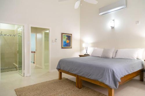 a bedroom with a bed and a walk in shower at Captivating 2-Bed Town-House in Kingston in Kingston