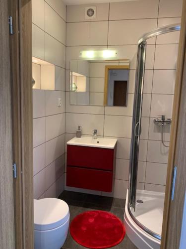 a bathroom with a red sink and a toilet at Apartament SŁONECZNY in Bydgoszcz