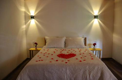 a bedroom with a bed with red roses on it at Montanhas Do Visconde in Visconde De Maua
