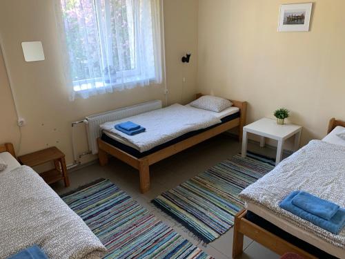 a room with two twin beds and a window at Kihnu Sadama Öömaja Guesthouse in Lemsi