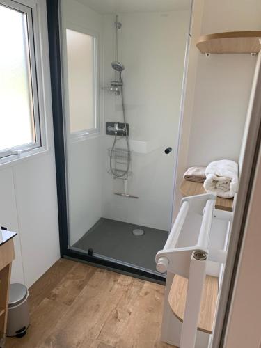 a bathroom with a shower with a glass door at Calme & Sérénité in Flaviac
