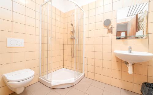 a bathroom with a shower and a toilet and a sink at Hotel Aréna in Brumow