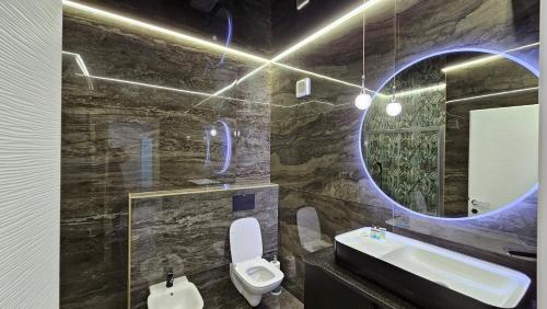 a bathroom with a sink and a toilet and a mirror at Nordic Residence 23 in Suceava