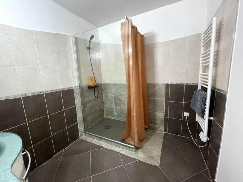 y baño con ducha y cortina de ducha. en Le Familial - Calme et convivial en Meythet