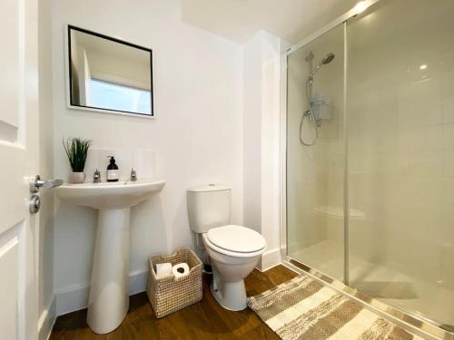 a bathroom with a toilet and a sink and a shower at Apartment One at The Courtyard, Number 11 in Crewe