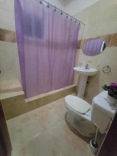 a bathroom with a toilet and a sink and a purple shower curtain at Casa angelina in Sosúa