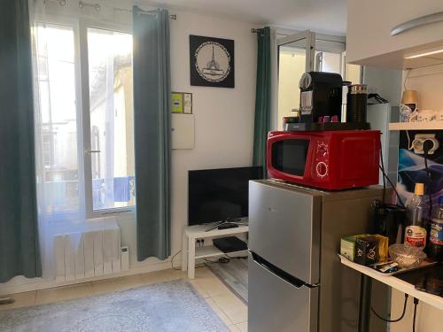 uma cozinha com um micro-ondas em cima de um frigorífico em Paris Sud-porte de Gentilly mignon T2 250 m de Paris em Gentilly
