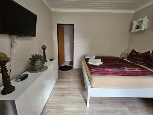 a bedroom with a bed and a flat screen tv at Ferienwohnung 2 Am Park in Divitz