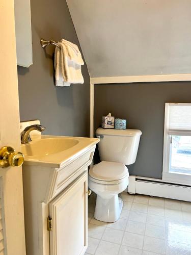a bathroom with a toilet and a sink at The Nutmeg Vermont in Wilmington
