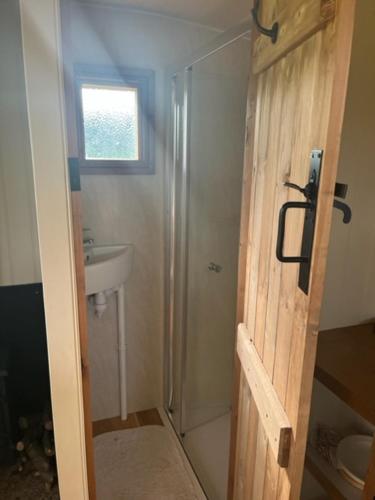 a small bathroom with a shower and a sink at Honeysuckle Shepherd's Hut in Northallerton