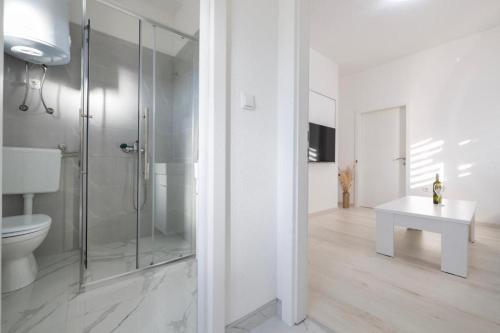e bagno bianco con servizi igienici e doccia in vetro. di Apartman BARIŠIĆ 1 a Kupres