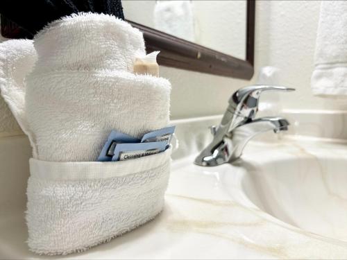 un rollo de papel higiénico sobre el lavabo del baño en Homestead Inn, en Wolf Point