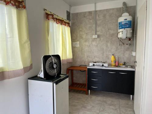 eine kleine Küche mit einer Spüle und einer Mikrowelle in der Unterkunft HERMOSO DEPARTAMENTO EN GENERAL VILLEGAS in General Villegas