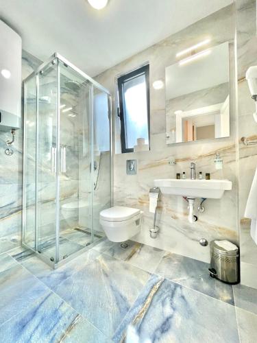 a bathroom with a shower and a toilet and a sink at Comfort Apartments Pasha in Budva