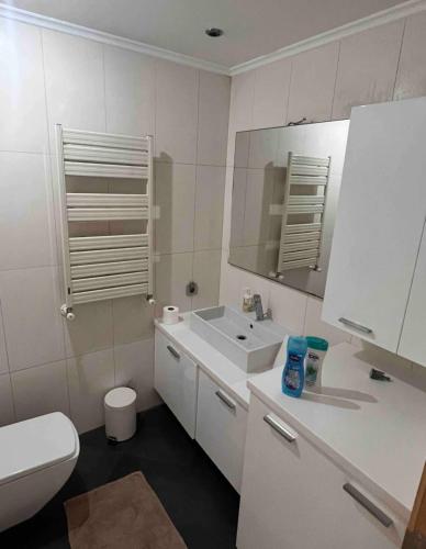 La salle de bains blanche est pourvue de toilettes et d'un lavabo. dans l'établissement Beauty stüdyo Home, à Istanbul