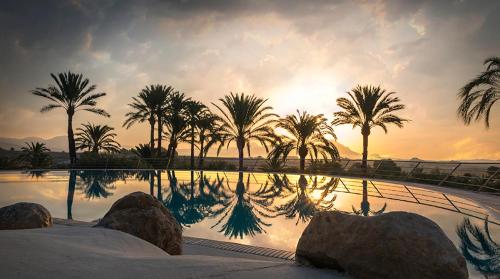 una piscina con palmeras y la puesta de sol en el fondo en Apartamentos Maruja, en Los Baños