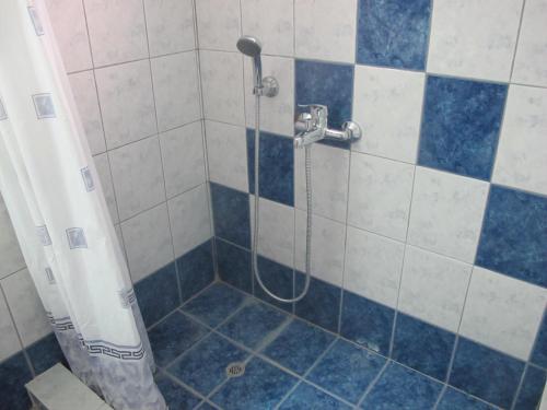 a bathroom with a shower with blue and white tiles at One Home ~ Fits All in Mouzákion