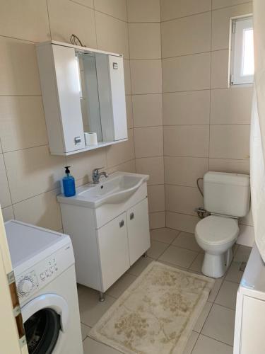 a bathroom with a toilet and a sink and a washing machine at FetiCozyhome in Prishtinë
