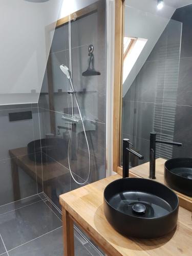 a bathroom with a black sink and a shower at Vakantiehuis Hanna in Zedelgem