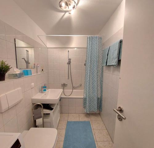 a bathroom with a toilet and a sink and a shower at Moderne Wohnung mit Vollausstattung in ruhiger Lage, W-LAN in Großröhrsdorf