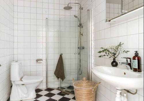 a bathroom with a toilet and a sink and a shower at Cousy and convenient in Västerås