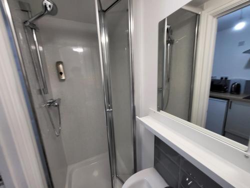 a bathroom with a shower and a toilet and a mirror at Nottingham Forest Rd, Short Stays in Nottingham