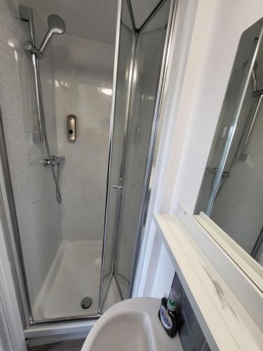 a bathroom with a shower and a toilet and a sink at Nottingham Forest Rd, Short Stays in Nottingham