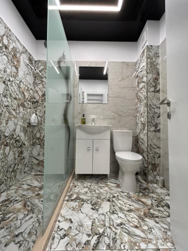 a bathroom with a toilet and a sink at Perla Home - Studio 9 in Popeşti-Leordeni