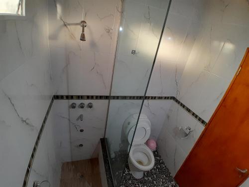 a bathroom with a toilet and a shower at Hospédate en Nuestra Cabaña en Termas de Rio Hondo y Disfruta de unas Confortables y Relajantes Vacaciones in Termas de Río Hondo