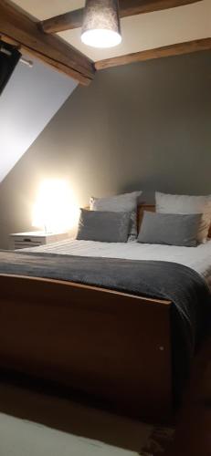 a bedroom with a large bed with blue sheets and pillows at annonce erronée 