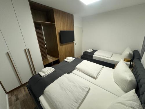 a hotel room with two beds and a television at Ferienwohnung am Freudenthal in Soltau