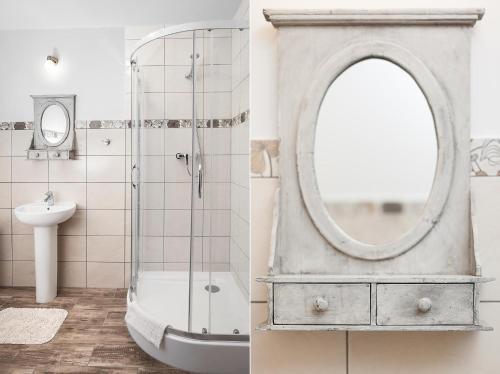 a bathroom with a sink and a mirror at Agrohippika in Kondratów